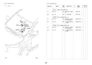 366
FIG.86-09 LANE-KEEPING ASSIST
(2111- )W101..CVT
868719
REFER TO
FIG
(PNC 82171)
86466G
86462 82-02
86466A
FIG.86-09 LANE-KEEPING ASSIST
PROD_DATE MODELS
SPEC
CODE
DESCRIPTION
R
/
P
PART
NUMBER
O
Y
T
REV_REF
FR TO
+----------+
| 86462 | CAMERA, OBJECT RECOGNITION
+----------+
2111 - W101..CVT B2PH SMART ASSIST (OVERSE
AS)
8646C-B1100- 1
2210 - W101..CVT B2PJ H + SAB/CSA/BSM 8646C-B1100- 1
+----------+
| 86466A | COVER, LANE RECOGNITION, NO.1
+----------+
2111 - W101..CVT B2PH SMART ASSIST (OVERSE
AS),BLACK(TRIM2#)
86466-BZ010-C0 1
2210 - W101..CVT B2PJ H + SAB/CSA/BSM,BLAC
K(TRIM2#)
86466-BZ010-C0 1
+----------+
| 86466G | COVER, FORWARD RECOGNITION, NO.1
+----------+
2111 - W101..CVT B2PH SMART ASSIST (OVERSE
AS),BLACK(TRIM2#)
86466-BZ020-C0 1
2210 - W101..CVT B2PJ H + SAB/CSA/BSM,BLAC
K(TRIM2#)
86466-BZ020-C0 1
 