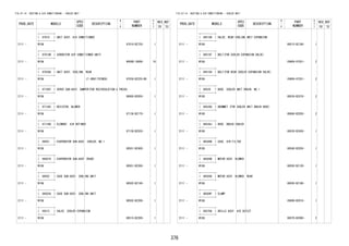 376
FIG.87-14 HEATING & AIR CONDITIONING - COOLER UNIT
PROD_DATE MODELS
SPEC
CODE
DESCRIPTION
R
/
P
PART
NUMBER
O
Y
T
REV_REF
FR TO
+----------+
| 87010 | UNIT ASSY, AIR CONDITIONER
+----------+
2111 - W10# 87010-BZ720- 1
+----------+
| 87010B | SCREW(FOR AIR CONDITIONER UNIT)
+----------+
2111 - W10# 9004B-16008- 19
+----------+
| 87030A | UNIT ASSY, COOLING, REAR
+----------+
2111 - W10# LT.GRAY(TRIM2#) 87030-BZ220-B0 1
+----------+
| 87106Y | SERVO SUB-ASSY, DAMPER(FOR RECIRCULATION & FRESH)
+----------+
2111 - W10# 88660-B2050- 1
+----------+
| 87138C | RESISTOR, BLOWER
+----------+
2111 - W10# 87138-BZ170- 1
+----------+
| 87139D | ELEMENT, AIR REFINER
+----------+
2111 - W10# 87139-BZ020- 1
+----------+
| 88501 | EVAPORATOR SUB-ASSY, COOLER, NO.1
+----------+
2111 - W10# 88501-BZ400- 1
+----------+
| 88501R | EVAPORATOR SUB-ASSY (REAR)
+----------+
2111 - W10# 88501-BZ260- 1
+----------+
| 88502 | CASE SUB-ASSY, COOLING UNIT
+----------+
2111 - W10# 88502-BZ190- 1
+----------+
| 88502A | CASE SUB-ASSY, COOLING UNIT
+----------+
2111 - W10# 88502-BZ200- 1
+----------+
| 88515 | VALVE, COOLER EXPANSION
+----------+
2111 - W10# 88515-BZ200- 1
FIG.87-14 HEATING & AIR CONDITIONING - COOLER UNIT
PROD_DATE MODELS
SPEC
CODE
DESCRIPTION
R
/
P
PART
NUMBER
O
Y
T
REV_REF
FR TO
+----------+
| 88515B | VALVE, REAR COOLING UNIT EXPANSION
+----------+
2111 - W10# 88515-BZ180- 1
+----------+
| 88515F | BOLT(FOR COOLER EXPANSION VALVE)
+----------+
2111 - W10# C9909-97201- 2
+----------+
| 88515H | BOLT(FOR REAR COOLER EXPANSION VALVE)
+----------+
2111 - W10# C9909-97201- 2
+----------+
| 88539 | HOSE, COOLER UNIT DRAIN, NO.1
+----------+
2111 - W10# 88539-BZ470- 2
+----------+
| 88539G | GROMMET (FOR COOLER UNIT DRAIN HOSE)
+----------+
2111 - W10# 88888-BZ020- 2
+----------+
| 88539J | HOSE, DRAIN COOLER
+----------+
2111 - W10# 88539-BZ450- 1
+----------+
| 88548B | CASE, AIR FILTER
+----------+
2111 - W10# 88548-BZ030- 1
+----------+
| 88550B | MOTOR ASSY, BLOWER
+----------+
2111 - W10# 88550-BZ130- 1
+----------+
| 88550G | MOTOR ASSY, BLOWER, REAR
+----------+
2111 - W10# 88550-BZ180- 1
+----------+
| 88569F | CLAMP
+----------+
2111 - W10# C8899-B2010- 1
+----------+
| 88570A | GRILLE ASSY, AIR OUTLET
+----------+
2111 - W10# 88570-BZ060- 2
 