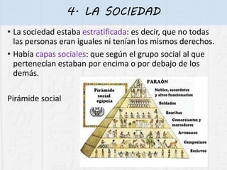 4. LA SOCIEDAD
• La sociedad estaba estratificada: es decir, que no todas
las personas eran iguales ni tenían los mismos derechos.
• Había capas sociales: que según el grupo social al que
pertenecían estaban por encima o por debajo de los
demás.
Pirámide social
 