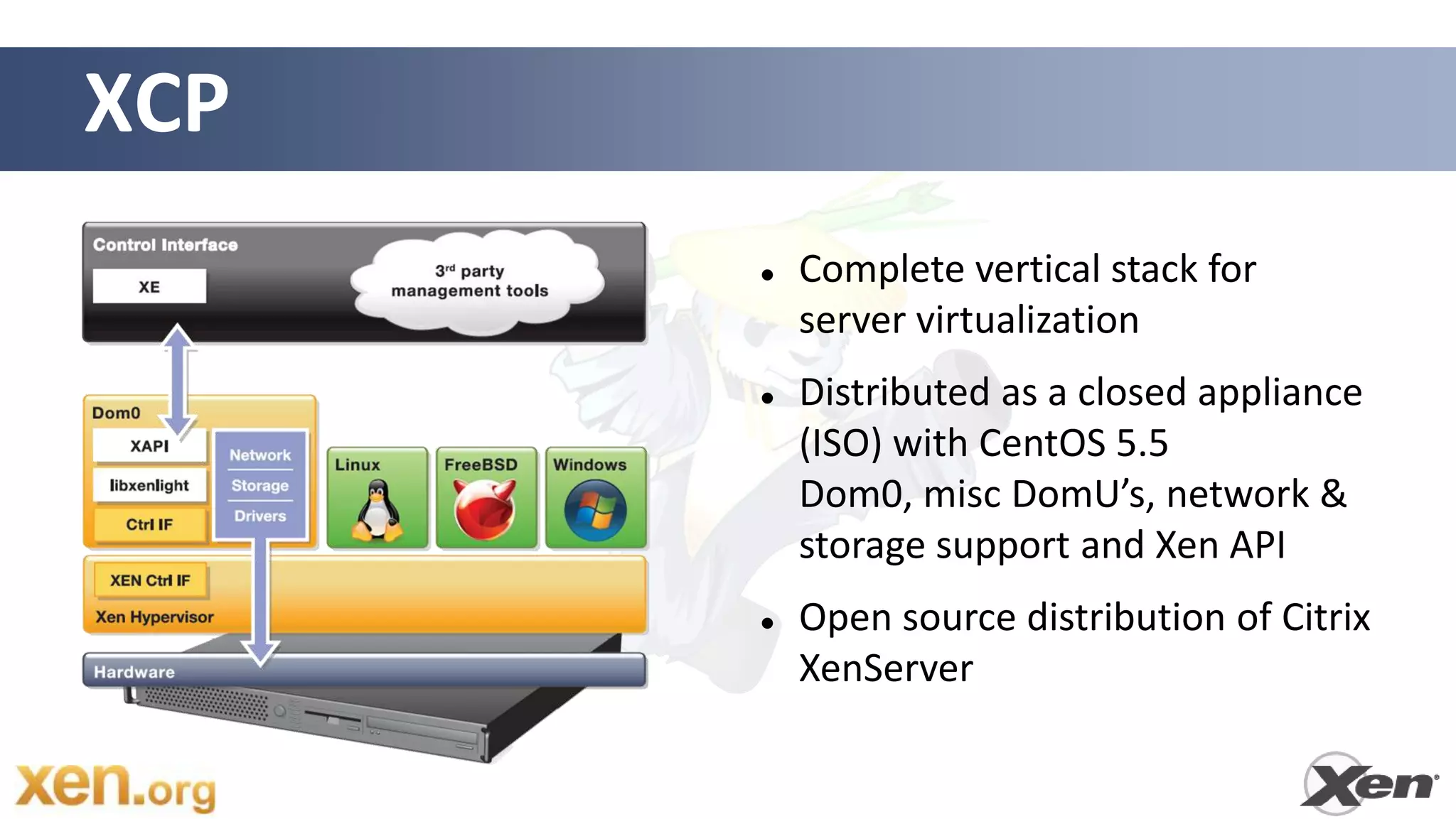 XCP
         Complete vertical stack for
          server virtualization
         Distributed as a closed appliance
          (ISO) with CentOS 5.5
          Dom0, misc DomU’s, network &
          storage support and Xen API
         Open source distribution of Citrix
          XenServer
 