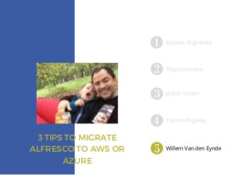 3 TIPS TO MIGRATE
ALFRESCO TO AWS OR
AZURE
Roxana Angheluta
Thijs Lemmens
Jasper Hilven
Willem Van den Eynde
Younes Regaieg
 
