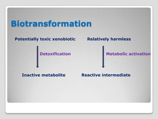Biotransformation
Potentially toxic xenobiotic     Relatively harmless


           Detoxification                Metabolic activation




   Inactive metabolite         Reactive intermediate
 