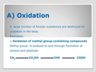 A) Oxidation
A large number of foreign substances are destroyed by
oxidation in the body.
Examples-
   Oxidation of methyl group containing compounds
Methyl group- is oxidized to acid through formation of
alcohol and aldehyde

CH3           CH2OH             CHO              COOH
 