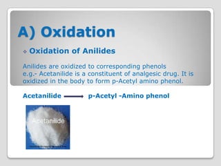 A) Oxidation
   Oxidation of Anilides

Anilides are oxidized to corresponding phenols
e.g.- Acetanilide is a constituent of analgesic drug. It is
oxidized in the body to form p-Acetyl amino phenol.

Acetanilide           p-Acetyl -Amino phenol
 