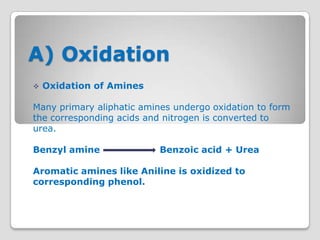 A) Oxidation
   Oxidation of Amines

Many primary aliphatic amines undergo oxidation to form
the corresponding acids and nitrogen is converted to
urea.

Benzyl amine               Benzoic acid + Urea

Aromatic amines like Aniline is oxidized to
corresponding phenol.
 