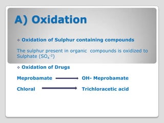 A) Oxidation
   Oxidation of Sulphur containing compounds

The sulphur present in organic compounds is oxidized to
Sulphate (SO4-2)

   Oxidation of Drugs

Meprobamate                OH- Meprobamate

Chloral                    Trichloracetic acid
 
