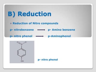 B) Reduction
   Reduction of Nitro compounds

p- nitrobenzene           p- Amino benzene

p- nitro phenol           p-Aminophenol




                   p- nitro phenol
 