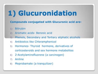 1) Glucuronidation
Compounds conjugated with Glucuronic acid are-

1)   Bilirubin
2)   Aromatic acids- Benzoic acid
3)   Phenols, Secondary and Tertiary aliphatic alcohols
4)   Antibiotics like Chloramphenicol
5)   Hormones- Thyroid hormone, derivatives of
     corticosteroids and sex hormone metabolites
6)   2-Acetylaminofluorene (a carcinogen)
7)   Aniline
8)   Meprobamate (a tranquilizer)
 