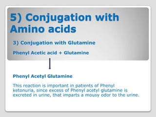 5) Conjugation with
Amino acids
3) Conjugation with Glutamine

Phenyl Acetic acid + Glutamine




Phenyl Acetyl Glutamine

This reaction is important in patients of Phenyl
ketonuria, since excess of Phenyl acetyl glutamine is
excreted in urine, that imparts a mousy odor to the urine.
 