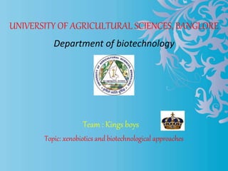 UNIVERSITY OF AGRICULTURAL SCIENCES, BANGLORE
Topic: xenobiotics and biotechnological approaches
Department of biotechnology
Team : Kings boys
 