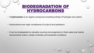 BIODEGRADATION OF
HYDROCARBONS
• A hydrocarbon is an organic compound consisting entirely of hydrogen and carbon.
• Hydrocarbons are major constituents of crude oil and petroleum.
• It can be biodegraded by naturally occuring microorganisms in fresh water and marine
environments under a variety of aerobic and anaerobic conditions.
 