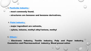 3. Pesticide industry :
- most commonly found.
- structures are benzene and benzene derivatives,
4. Paint industry :
- major ingredient are solvents,
- xylene, toluene, methyl ethyl ketone, methyl
5. Others :
- Electronic industry, Textile industry, Pulp and Paper industry,
Cosmetics and Pharmaceutical industry, Wood preservation
 