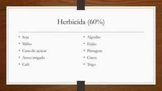 Herbicida (60%)
• Soja
• Milho
• Cana-de-açúcar
• Arroz irrigado
• Café
• Algodão
• Feijão
• Pastagens
• Citros
• Trigo
 
