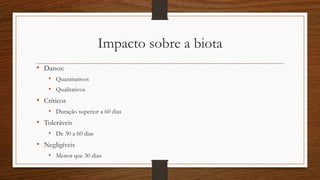 Impacto sobre a biota
• Danos:
• Quantitativos
• Qualitativos
• Críticos
• Duração superior a 60 dias
• Toleráveis
• De 30 a 60 dias
• Negligíveis
• Menor que 30 dias
 