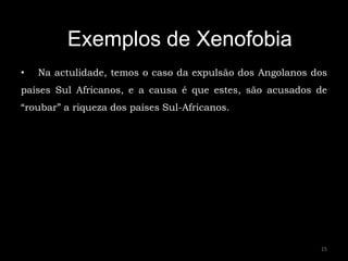 Exemplos de Xenofobia
•   Na actulidade, temos o caso da expulsão dos Angolanos dos
países Sul Africanos, e a causa é que estes, são acusados de
“roubar” a riqueza dos países Sul-Africanos.




                                                           15
 