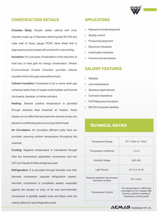 TECHNOCRACY PVT. LTD.
Chamber Body: Double walled cabinet with inner
chamber made up of Stainless steel of grade SS 304 and
outer wall of heavy gauge PCRC steel sheet that is
degreased and pre treated with primers for rust proofing .
Insulation: It’s a process of retardation or the reduction of
heat loss or heat gain for energy conservation. Weiber
Environmental Growth Chamber provides cellular
insulation that is through polyurethane foam.
Cellular Insulation: Composed of air or some other gas
contained within foam of stable small bubbles and formed
into boards, blankets, or hollow cylinders.
Heating: Desired positive temperature is provided
through stainless steel sheathed air heaters, these
heaters do not affect the test specimen directly as they are
placed in conditioning plenum proving indirect heat.
Air Circulation: Air circulation efficient motor fans are
provided, ensuring uniform temperature throughout the
chamber.
Cooling: Negative temperature is maintained through
ultra low temperature application compressor and non
CFC eco friendly R 404a refrigerant used.
Refrigeration: It is provided through hermetic and half-
hermetic compressor cascade refrigeration system.
Hermetic compressor is completely sealed, especially
against the escape or entry of air and semi-hermetic
compressor is partially sealed units and these units are
mainly utilizes for real refrigeration work.
CONSTRUCTION DETAILS
SALIENT FEATURES
R
TECHNICAL MATRIX
Temperature Range RT +10oC to +70oC
Temperature Uniformity + 3o C
Humidity Range 95% RH
Light Source UV A or UV B
Distance between test product
and lamp surface
50 ± 2mm
Temperature Control
The temperature is efficiently
controlled by PLC based HMI
(human machine interface)
interactive control panel
Ÿ Reliable
Ÿ Low maintenance
Ÿ Stainless steel interiors
Ÿ Corrosion resistance
Ÿ PUF/Glass wool insulation
Ÿ RS 232 computer interface
APPLICATIONS
Ÿ Research and development
Ÿ Quality control
Ÿ Product development
Ÿ Electronic industries
Ÿ Automobile industries
Ÿ Avionics and aerospace
 