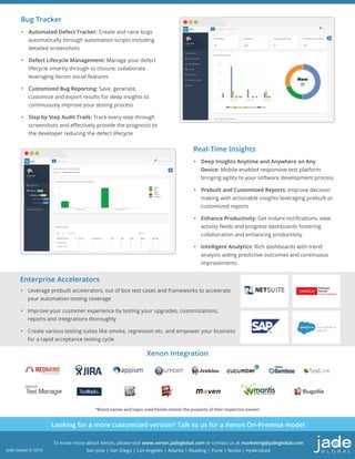 • Automated Defect Tracker: Create and raise bugs
automatically through automation scripts including
detailed screenshots
• Defect Lifecycle Management: Manage your defect
lifecycle smartly through to closure; collaborate
leveraging Xenon social features
• Customized Bug Reporting: Save, generate,
customize and export results for deep insights to
continuously improve your testing process
• Step by Step Audit Trails: Track every step through
screenshots and eﬀectively provide the prognosis to
the developer reducing the defect lifecycle
Bug Tracker
• Deep Insights Anytime and Anywhere on Any
Device: Mobile enabled responsive test platform
bringing agility to your software development process
• Prebuilt and Customized Reports: Improve decision
making with actionable insights leveraging prebuilt or
customized reports
• Enhance Productivity: Get instant notiﬁcations, view
activity feeds and progress dashboards fostering
collaboration and enhancing productivity
• Intelligent Analytics: Rich dashboards with trend
analysis aiding predictive outcomes and continuous
improvements
Real-Time Insights
To know more about Xenon, please visit www.xenon.jadeglobal.com or contact us at marketing@jadeglobal.com
San Jose | San Diego | Los Angeles | Atlanta | Reading | Pune | Noida | HyderabadJade Global © 2016
• Leverage prebuilt accelerators, out of box test cases and frameworks to accelerate
your automation testing coverage
• Improve your customer experience by testing your upgrades, customizations,
reports and integrations thoroughly
• Create various testing suites like smoke, regression etc. and empower your business
for a rapid acceptance testing cycle
Enterprise Accelerators
Xenon Integration
Looking for a more customized version? Talk to us for a Xenon On-Premise model
*Brand names and logos used herein remain the property of their respective owners
 