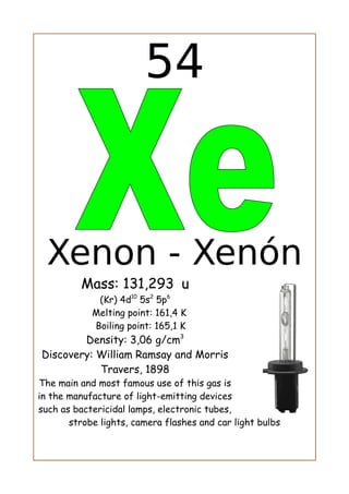 54
Xenon - Xenón
Mass: 131,293 u
(Kr) 4d10
5s2
5p6
Melting point: 161,4 K
Boiling point: 165,1 K
Density: 3,06 g/cm3
Discovery: William Ramsay and Morris
Travers, 1898
The main and most famous use of this gas is
in the manufacture of light-emitting devices
such as bactericidal lamps, electronic tubes,
strobe lights, camera flashes and car light bulbs
 