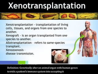 Xenotransplantation - transplantation of living
cells, tissues, and organs from one species to
another.
Xenograft - is an organ transplanted from one
species to another.
Allotransplantation – refers to same-species
transplant.
Xenozoonosis –
disease transmission.

 