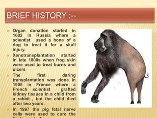 BRIEF HISTORY :--
 Organ donation started in
1682 in Russia where a
scientist used a bone of a
dog to treat it for a skull
injury.
 Xenotransplantation started
in late 1800s when frog skin
were used to treat burns and
ulcers
 The first daring
transplantation was done in
1905 in France where a
French scientist grafted
kidney tissues in a child from
a rabbit , but the child died
after two years.
 In 1997 the pig fetal nerve
cells were used to cure the
 