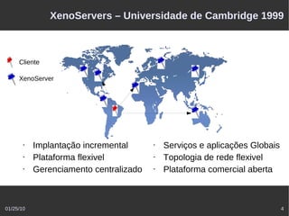 XenoServers – Universidade de Cambridge 1999



     Cliente

     XenoServer




       •   Implantação incremental      •   Serviços e aplicações Globais
       •   Plataforma flexivel          •   Topologia de rede flexivel
       •   Gerenciamento centralizado   •   Plataforma comercial aberta



01/25/10                                                                    4
 