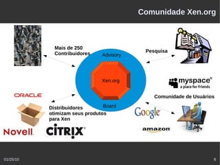 Comunidade Xen.org



             Mais de 250
             Contribuidores                Pesquisa
                               Advisory




                               Xen.org


                                              Comunidade de Usuários

           Distribuidores       Board
           otimizam seus produtos
           para Xen




01/25/10                                                           8
 