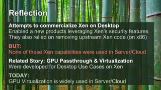 Reflection
Attempts to commercialize Xen on Desktop
Enabled a new products leveraging Xen’s security features
They also re...