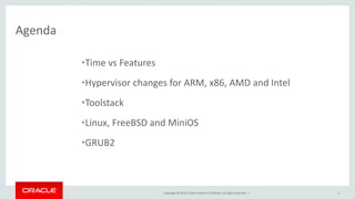Copyright © 2014, Oracle and/or its affiliates. All rights reserved. | 
Agenda 
2 
•Time vs Features 
•Hypervisor changes for ARM, x86, AMD and Intel 
•Toolstack 
•Linux, FreeBSD and MiniOS 
•GRUB2  
