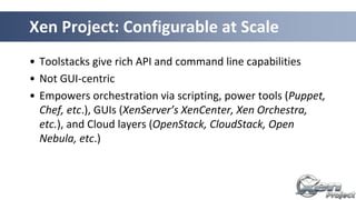 Xen Project: Configurable at Scale
• Toolstacks give rich API and command line capabilities
• Not GUI-centric
• Empowers orchestration via scripting, power tools (Puppet,
Chef, etc.), GUIs (XenServer’s XenCenter, Xen Orchestra,
etc.), and Cloud layers (OpenStack, CloudStack, Open
Nebula, etc.)
 