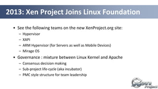 • See the following teams on the new XenProject.org site:
– Hypervisor
– XAPI
– ARM Hypervisor (for Servers as well as Mobile Devices)
– Mirage OS
• Governance : mixture between Linux Kernel and Apache
– Consensus decision making
– Sub-project life-cycle (aka incubator)
– PMC style structure for team leadership
2013: Xen Project Joins Linux Foundation
 