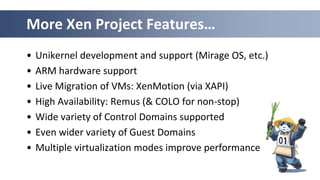 More Xen Project Features…
• Unikernel development and support (Mirage OS, etc.)
• ARM hardware support
• Live Migration of VMs: XenMotion (via XAPI)
• High Availability: Remus (& COLO for non-stop)
• Wide variety of Control Domains supported
• Even wider variety of Guest Domains
• Multiple virtualization modes improve performance
 