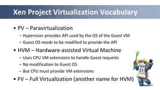 Xen Project Virtualization Vocabulary
• PV – Paravirtualization
– Hypervisor provides API used by the OS of the Guest VM
– Guest OS needs to be modified to provide the API
• HVM – Hardware-assisted Virtual Machine
– Uses CPU VM extensions to handle Guest requests
– No modification to Guest OS
– But CPU must provide VM extensions
• FV – Full Virtualization (another name for HVM)
 
