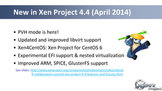 • PVH mode is here!
• Updated and improved libvirt support
• Xen4CentOS: Xen Project for CentOS 6
• Experimental EFI support & nested virtualization
• Improved ARM, SPICE, GlusterFS support
New in Xen Project 4.4 (April 2014)
See slides: http://www.xenproject.org/component/allvideoshare/video/latest/
lf-collaboration-summit-xen-project-4-4-features-and-futures.html
 