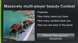 Features
How many users you have
How many vendors back you
How you are seen in the press
…
Different Management
Disciplines
 