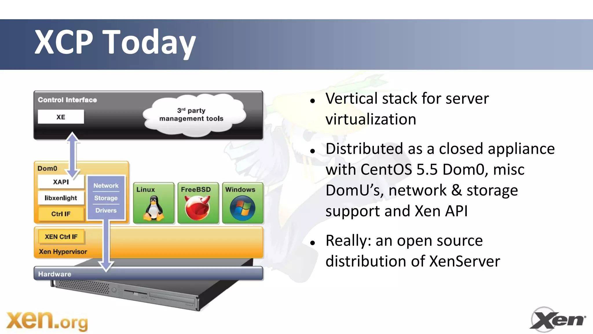 XCP Today
               Vertical stack for server
                virtualization
               Distributed as a closed appliance
                with CentOS 5.5 Dom0, misc
                DomU’s, network & storage
                support and Xen API
               Really: an open source
                distribution of XenServer
 