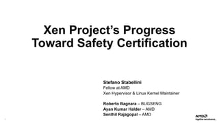 1 |
Xen Project’s Progress
Toward Safety Certification
Stefano Stabellini
Fellow at AMD
Xen Hypervisor & Linux Kernel Maintainer
Roberto Bagnara – BUGSENG
Ayan Kumar Halder – AMD
Senthil Rajagopal – AMD
 