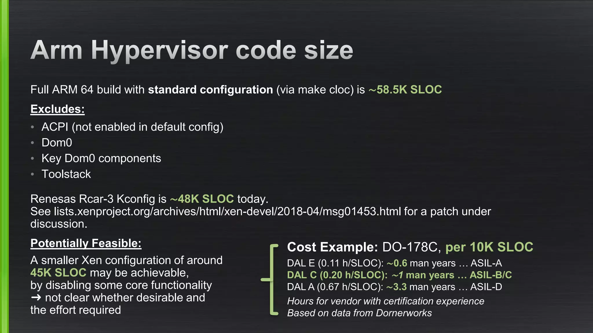 Full ARM 64 build with standard configuration (via make cloc) is ∼58.5K SLOC
Excludes:
• ACPI (not enabled in default config)
• Dom0
• Key Dom0 components
• Toolstack
Renesas Rcar-3 Kconfig is ∼48K SLOC today.
See lists.xenproject.org/archives/html/xen-devel/2018-04/msg01453.html for a patch under
discussion.
Potentially Feasible:
A smaller Xen configuration of around
45K SLOC may be achievable,
by disabling some core functionality
➜ not clear whether desirable and
the effort required
Cost Example: DO-178C, per 10K SLOC
DAL E (0.11 h/SLOC): ∼0.6 man years … ASIL-A
DAL C (0.20 h/SLOC): ∼1 man years … ASIL-B/C
DAL A (0.67 h/SLOC): ∼3.3 man years … ASIL-D
Hours for vendor with certification experience
Based on data from Dornerworks
 