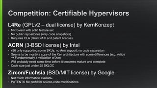 L4Re (GPLv2 – dual license) by KernKonzept
• Microvisor with solid feature set
• No public repositories (only code snapshots)
• Requires CLA (Grant of © and patent license)
ACRN (3-BSD license) by Intel
• x86 only supporting some SKUs; no Arm support; no code separation
• Seems to be mostly a copy of the Xen architecture with some differences (e.g. virtio)
➜ Fundamentally a validation of Xen
• Will probably need some time before it becomes mature and complete
• Code size just under 25 SKLOC
Zircon/Fuchsia (BSD/MIT license) by Google
• Not much information available
• PATENTS file prohibits source-code modifications
 