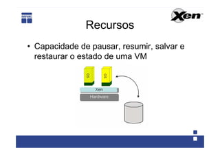 Recursos
• Capacidade de pausar, resumir, salvar e
  restaurar o estado de uma VM
 