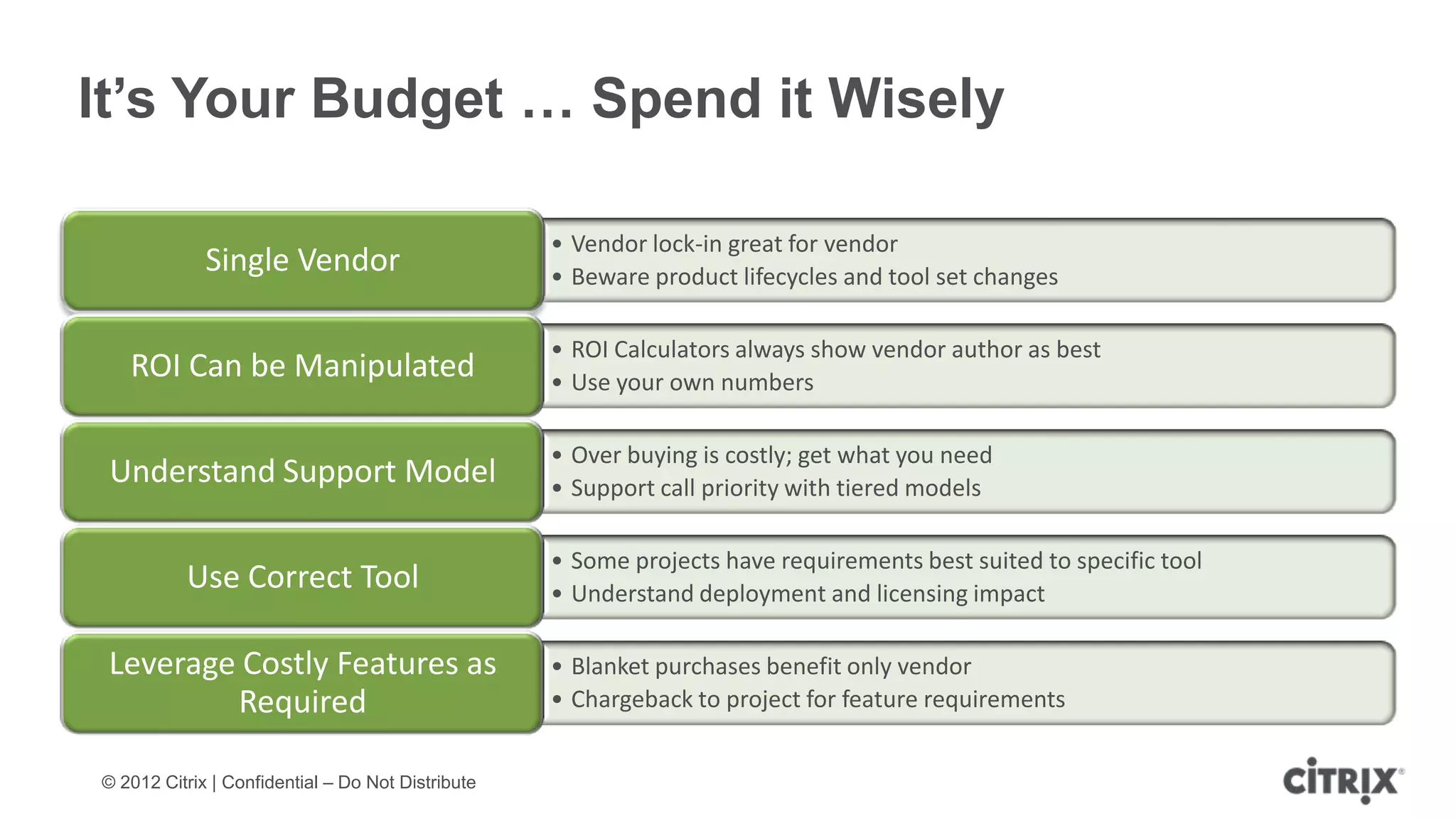 It’s Your Budget … Spend it Wisely

                                                   • Vendor lock-in great for vendor
             Single Vendor                         • Beware product lifecycles and tool set changes

                                                   • ROI Calculators always show vendor author as best
   ROI Can be Manipulated                          • Use your own numbers

                                                   • Over buying is costly; get what you need
 Understand Support Model                          • Support call priority with tiered models

                                                   • Some projects have requirements best suited to specific tool
          Use Correct Tool                         • Understand deployment and licensing impact

 Leverage Costly Features as                       • Blanket purchases benefit only vendor
         Required                                  • Chargeback to project for feature requirements


© 2012 Citrix | Confidential – Do Not Distribute
 
