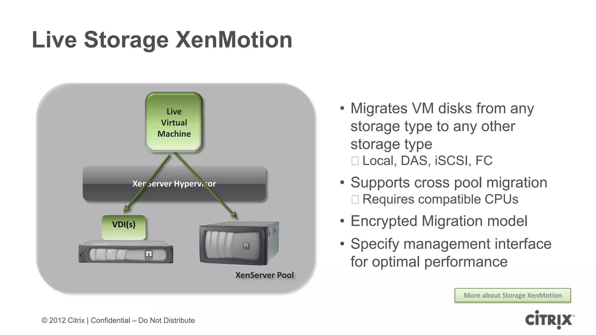 Live Storage XenMotion

                                     Live                           • Migrates VM disks from any
                                    Virtual
                                    Machine
                                                                      storage type to any other
                                                                      storage type
                                                                     ᵒLocal, DAS, iSCSI, FC
                            XenServer Hypervisor                    • Supports cross pool migration
                                                                     ᵒRequires compatible CPUs
                      VDI(s)                                        • Encrypted Migration model
                                                                    • Specify management interface
                                                                      for optimal performance
                                                   XenServer Pool

                                                                                      More about Storage XenMotion


© 2012 Citrix | Confidential – Do Not Distribute
 