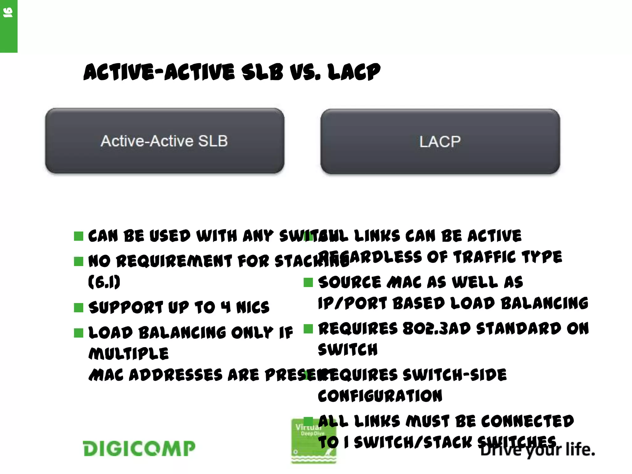 Active-Active SLB vs. LACP
 All links can be active
regardless of traffic type
 Source MAC as well as
IP/port based load balancing
 Requires 802.3ad standard on
switch
 Requires switch-side
configuration
 All links must be connected
to 1 switch/stack switches
16
 Can be used with any switch
 No requirement for stacking
(6.1)
 Support up to 4 NICs
 Load balancing only if
multiple
MAC addresses are present
 