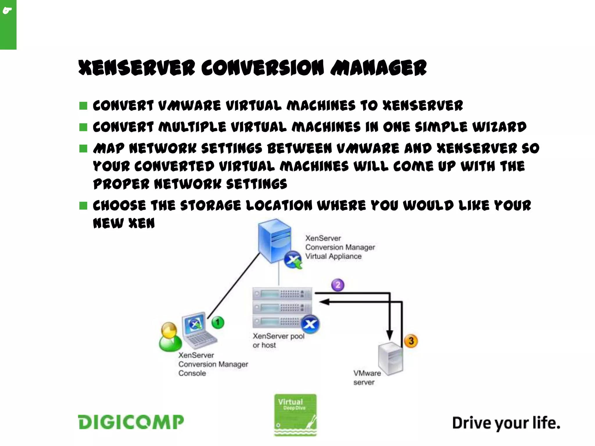 XenServer Conversion Manager
 Convert VMware virtual machines to XenServer
 Convert multiple virtual machines in one simple wizard
 Map network settings between VMware and XenServer so
your converted virtual machines will come up with the
proper network settings
 Choose the storage location where you would like your
new XenServer virtual machines to run
9
 