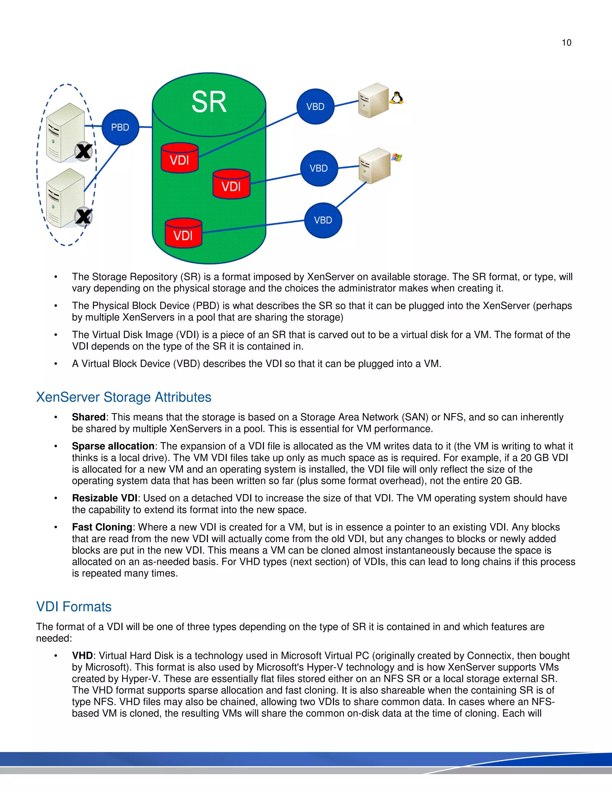 10
• The Storage Repository (SR) is a format imposed by XenServer on available storage. The SR format, or type, will
vary depending on the physical storage and the choices the administrator makes when creating it.
• The Physical Block Device (PBD) is what describes the SR so that it can be plugged into the XenServer (perhaps
by multiple XenServers in a pool that are sharing the storage)
• The Virtual Disk Image (VDI) is a piece of an SR that is carved out to be a virtual disk for a VM. The format of the
VDI depends on the type of the SR it is contained in.
• A Virtual Block Device (VBD) describes the VDI so that it can be plugged into a VM.
XenServer Storage Attributes
• Shared: This means that the storage is based on a Storage Area Network (SAN) or NFS, and so can inherently
be shared by multiple XenServers in a pool. This is essential for VM performance.
• Sparse allocation: The expansion of a VDI file is allocated as the VM writes data to it (the VM is writing to what it
thinks is a local drive). The VM VDI files take up only as much space as is required. For example, if a 20 GB VDI
is allocated for a new VM and an operating system is installed, the VDI file will only reflect the size of the
operating system data that has been written so far (plus some format overhead), not the entire 20 GB.
• Resizable VDI: Used on a detached VDI to increase the size of that VDI. The VM operating system should have
the capability to extend its format into the new space.
• Fast Cloning: Where a new VDI is created for a VM, but is in essence a pointer to an existing VDI. Any blocks
that are read from the new VDI will actually come from the old VDI, but any changes to blocks or newly added
blocks are put in the new VDI. This means a VM can be cloned almost instantaneously because the space is
allocated on an as-needed basis. For VHD types (next section) of VDIs, this can lead to long chains if this process
is repeated many times.
VDI Formats
The format of a VDI will be one of three types depending on the type of SR it is contained in and which features are
needed:
• VHD: Virtual Hard Disk is a technology used in Microsoft Virtual PC (originally created by Connectix, then bought
by Microsoft). This format is also used by Microsoft's Hyper-V technology and is how XenServer supports VMs
created by Hyper-V. These are essentially flat files stored either on an NFS SR or a local storage external SR.
The VHD format supports sparse allocation and fast cloning. It is also shareable when the containing SR is of
type NFS. VHD files may also be chained, allowing two VDIs to share common data. In cases where an NFS-
based VM is cloned, the resulting VMs will share the common on-disk data at the time of cloning. Each will
 
