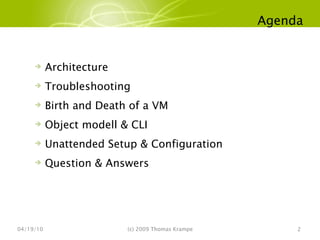 Agenda 04/19/10 (c) 2009 Thomas Krampe Architecture Troubleshooting Birth and Death of a VM Object modell & CLI Unattended Setup & Configuration Question & Answers 