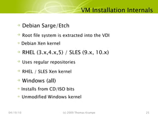 VM Installation Internals 04/19/10 (c) 2009 Thomas Krampe Debian Sarge/Etch Root file system is extracted into the VDI Debian Xen kernel RHEL (3.x,4.x,5) / SLES (9.x, 10.x) Uses regular repositories RHEL / SLES Xen kernel Windows (all) Installs from CD/ISO bits Unmodified Windows kernel 