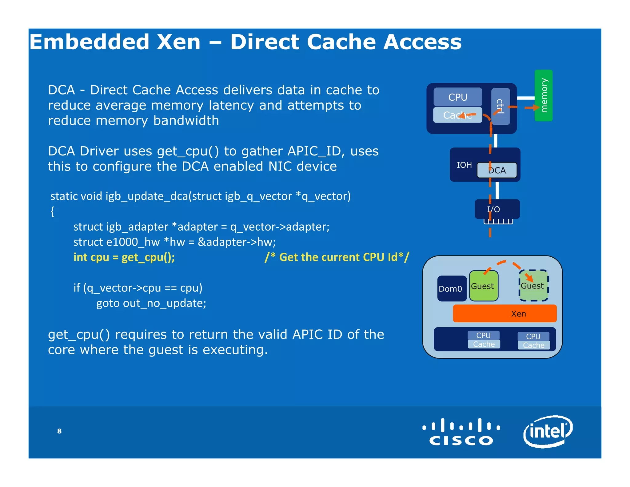 Embedded Xen – Direct Cache Access




                                                                                                      memory
 DCA - Direct Cache Access delivers data in cache to                     CPU




                                                                                         ctrl
 reduce average memory latency and attempts to
                                                                        Cache
 reduce memory bandwidth

 DCA Driver uses get_cpu() to gather APIC_ID, uses
 this to configure the DCA enabled NIC device                              IOH
                                                                                    DCA


 static void igb_update_dca(struct igb_q_vector *q_vector)
 {                                                                                  I/O

      struct igb_adapter *adapter = q_vector->adapter;
      struct e1000_hw *hw = &adapter->hw;
      int cpu = get_cpu();                /* Get the current CPU Id*/

      if (q_vector->cpu == cpu)                                         Dom0   Guest             Guest

           goto out_no_update;
                                                                                                Xen

 get_cpu() requires to return the valid APIC ID of the                            CPU              CPU
                                                                                 Cache            Cache
 core where the guest is executing.




  8
 