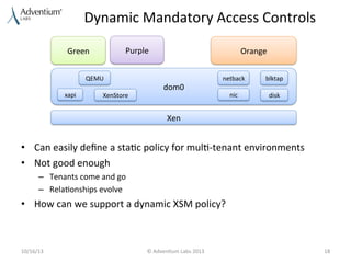 Dynamic	
  Mandatory	
  Access	
  Controls	
  
Purple	
  

Green	
  
QEMU	
  
xapi	
  

XenStore	
  

Orange	
  

dom0	
  

netback	
  

blktap	
  

nic	
  

disk	
  

Xen	
  

•  Can	
  easily	
  deﬁne	
  a	
  sta9c	
  policy	
  for	
  mul9-­‐tenant	
  environments	
  
•  Not	
  good	
  enough	
  
–  Tenants	
  come	
  and	
  go	
  
–  Rela9onships	
  evolve	
  

•  How	
  can	
  we	
  support	
  a	
  dynamic	
  XSM	
  policy?	
  

10/16/13	
  

©	
  Adven9um	
  Labs	
  2013	
  

18	
  

 