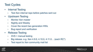 9
Test Cycles
• Internal Testing
• Test Xen internal repo before patches sent out
• Upstream Testing
• Monitor Xen master
• Nightly and Weekly
• Cover the recent two generation HWs
• Bug report and verification
• Release Testing
• XVS + manual testing
• Big release. e.g. Xen 4.9.0, 4.10.0, 4.11.0… (each RC*)
• Test report to Xen community mail list
 