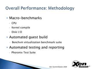 Macro-benchmarks CPU Kernel compile Disk I/O Automated guest build Benchvm virtualization benchmark suite Automated testing and reporting Phoronix Test Suite Xen Summit Boston 2008 